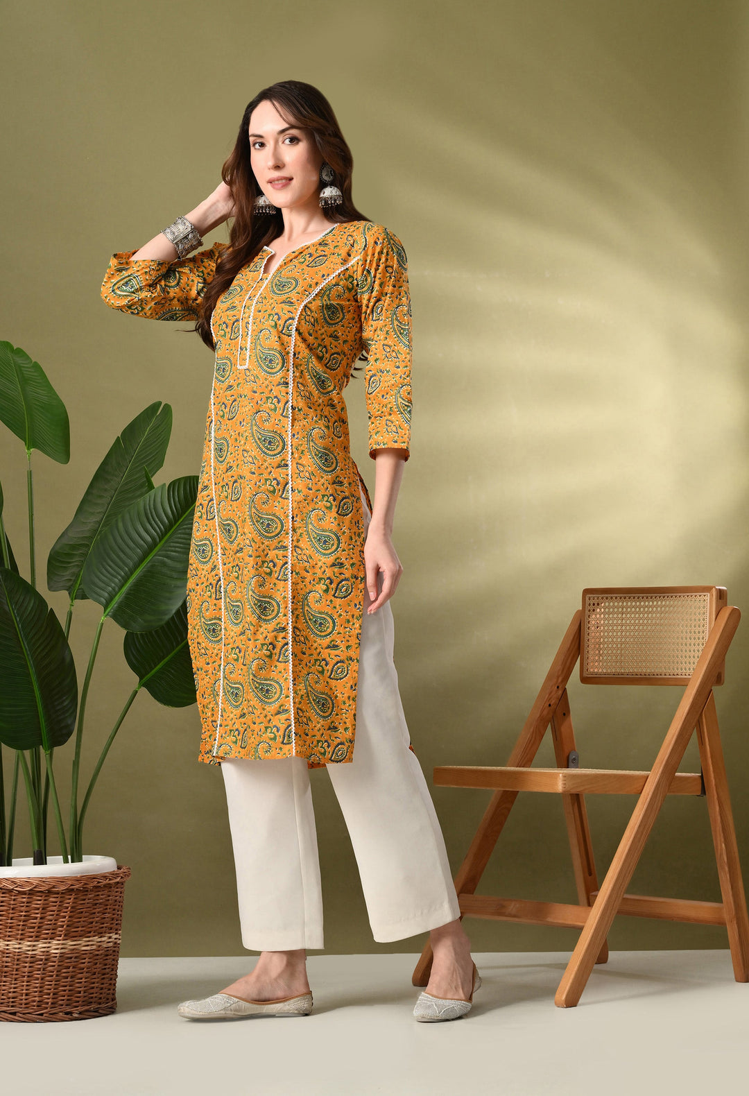 Yellow Printed Lace Work Cotton Kurta
