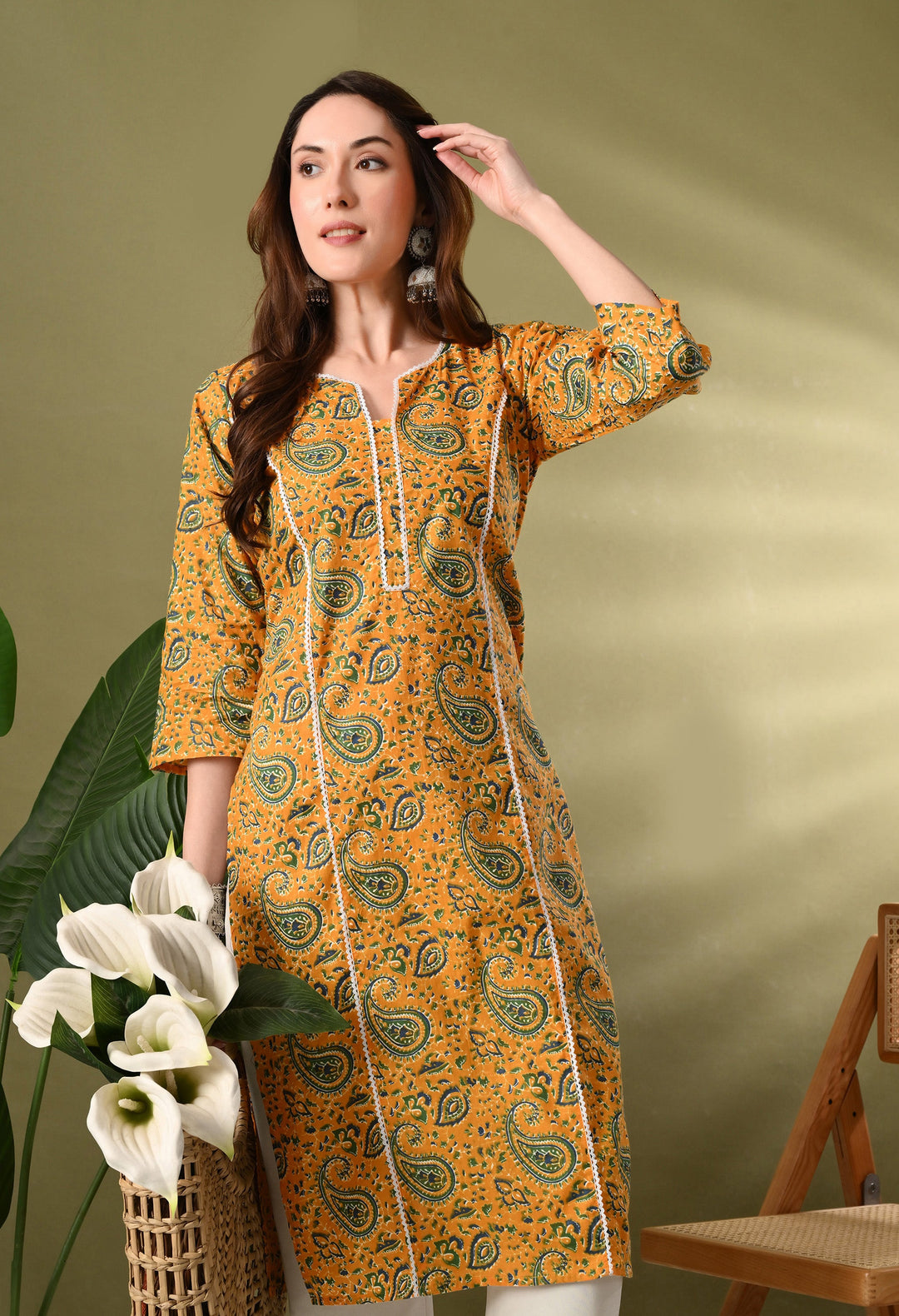 Yellow Printed Lace Work Cotton Kurta
