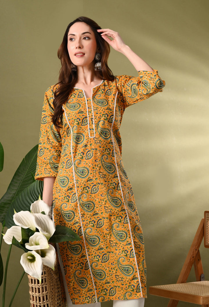 Yellow Printed Lace Work Cotton Kurta