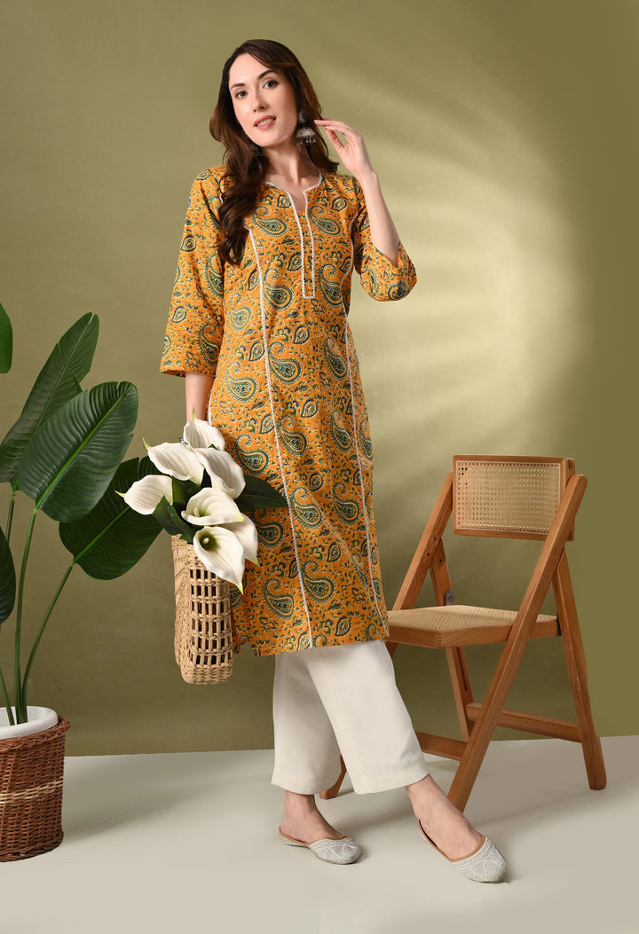Yellow Printed Lace Work Cotton Kurta