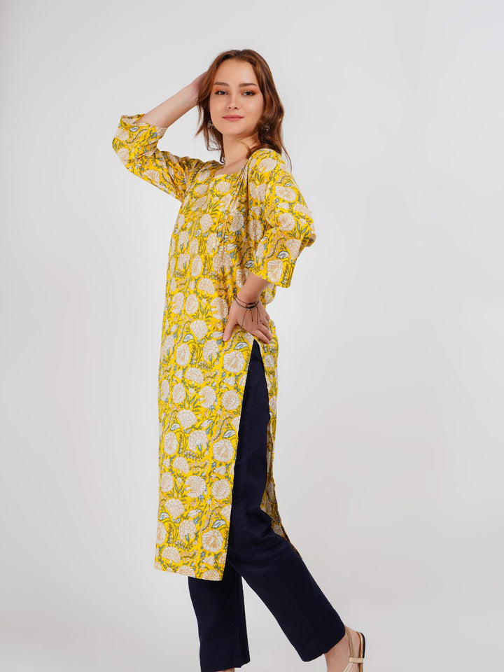 Yellow Floral Print Straight Kurta