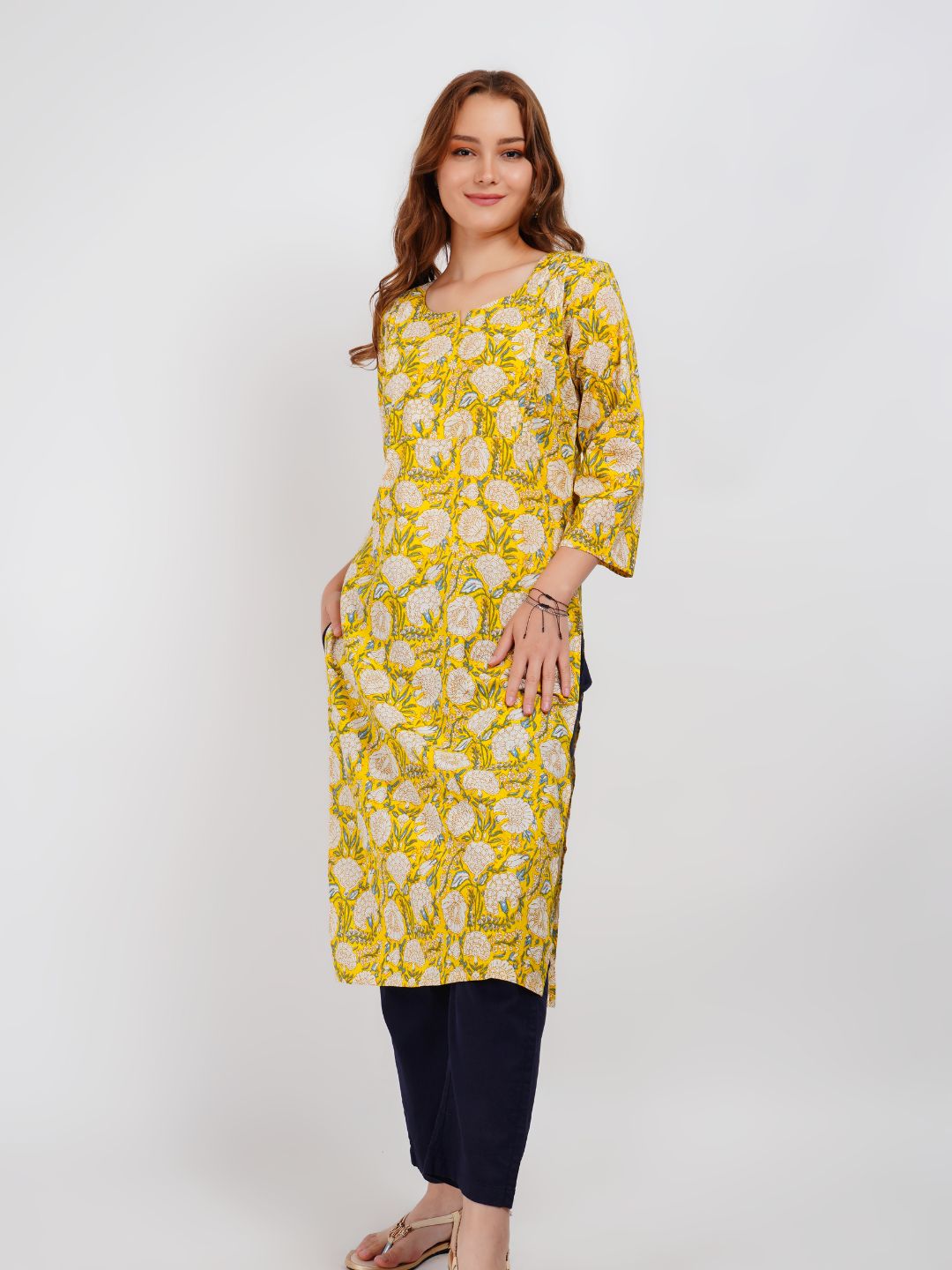 Yellow Floral Print Straight Kurta