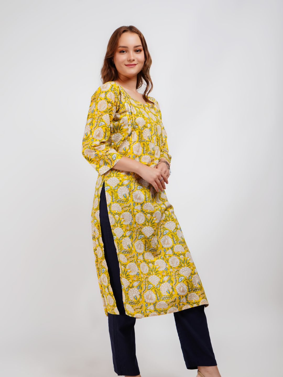 Yellow Floral Print Straight Kurta