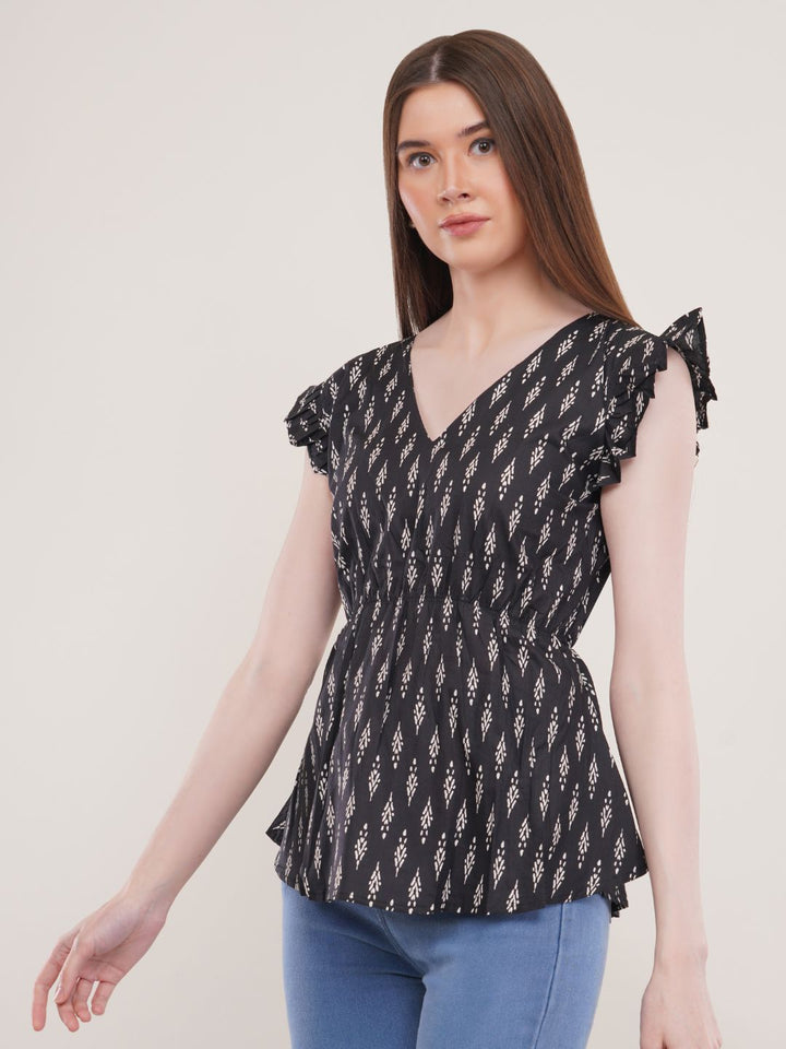 Black Ikkat Print Cotton Flared Top