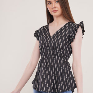 Black Ikkat Print Cotton Flared Top