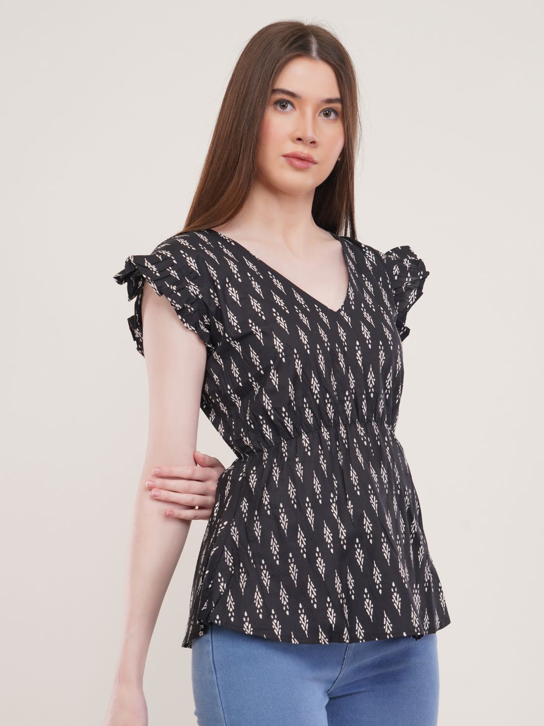 Black Ikkat Print Cotton Flared Top