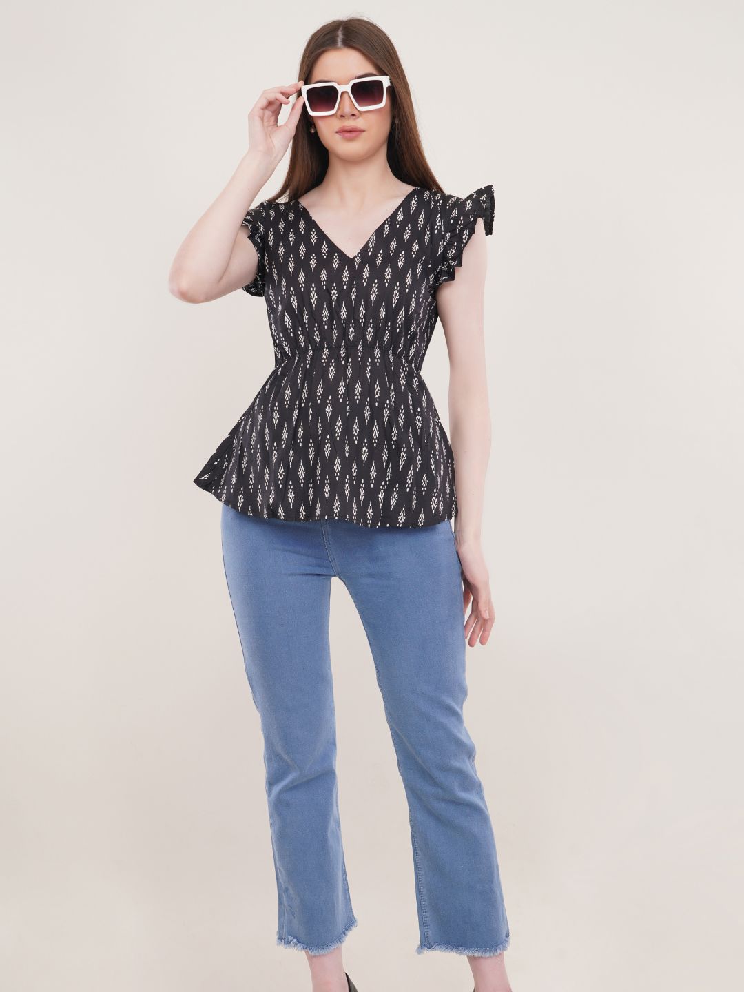 Black Ikkat Print Cotton Flared Top