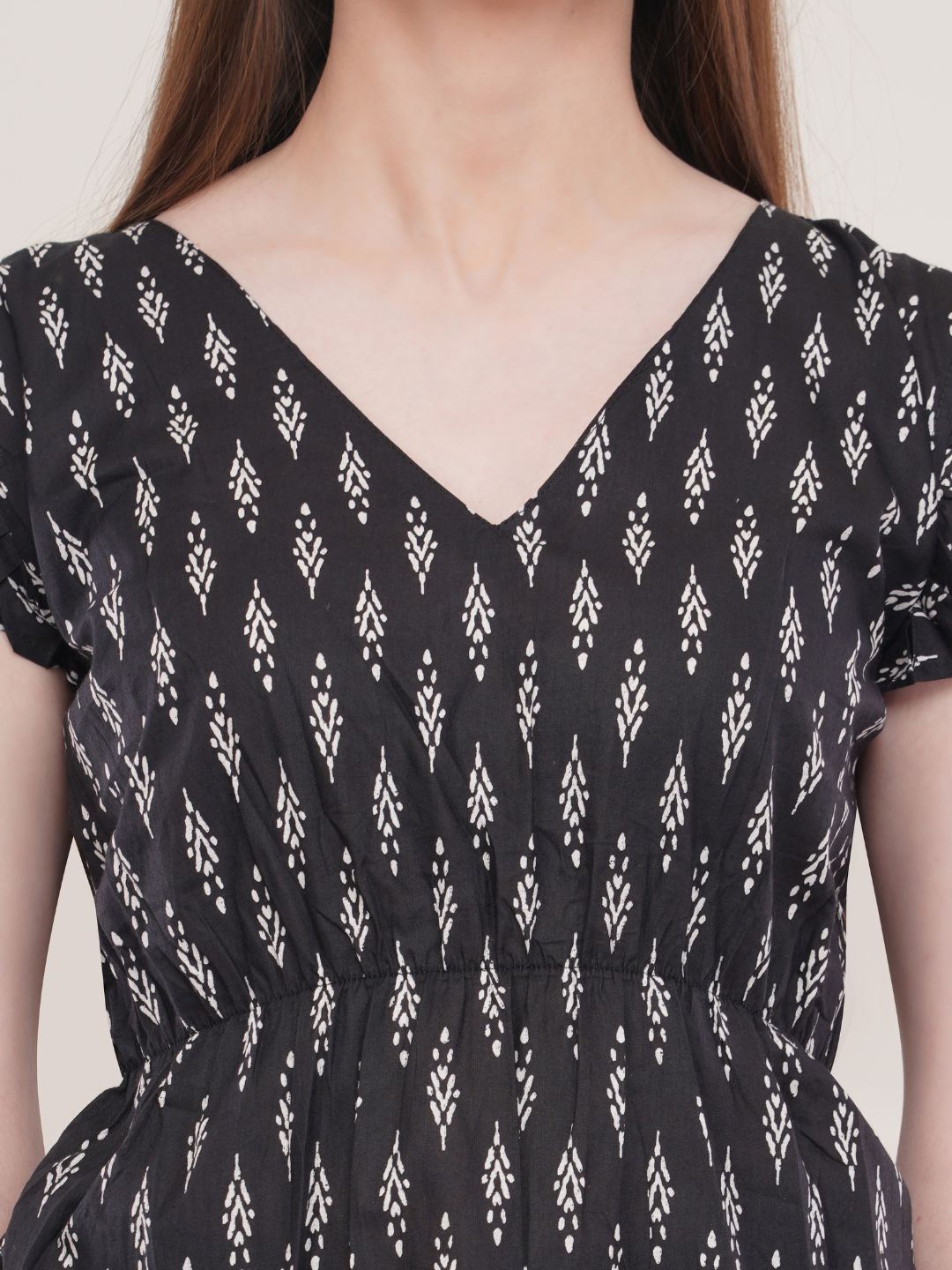 Black Ikkat Print Cotton Flared Top