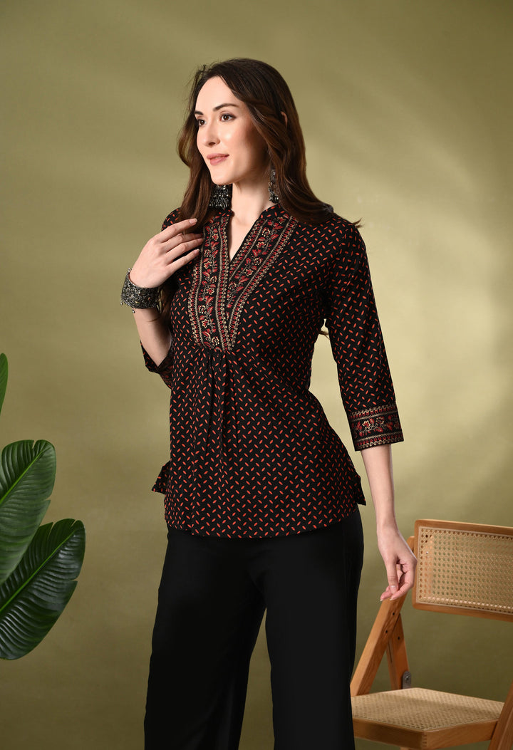 Black Printed V-Neck Cotton Top