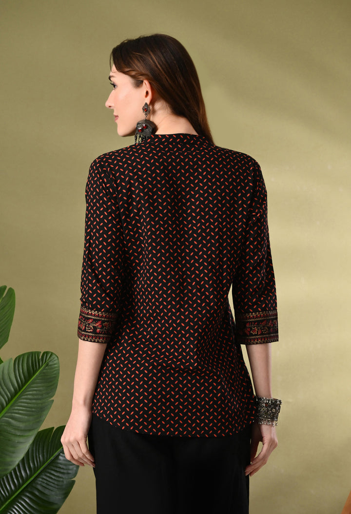 Black Printed V-Neck Cotton Top