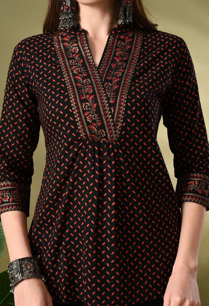 Black Printed V-Neck Cotton Top