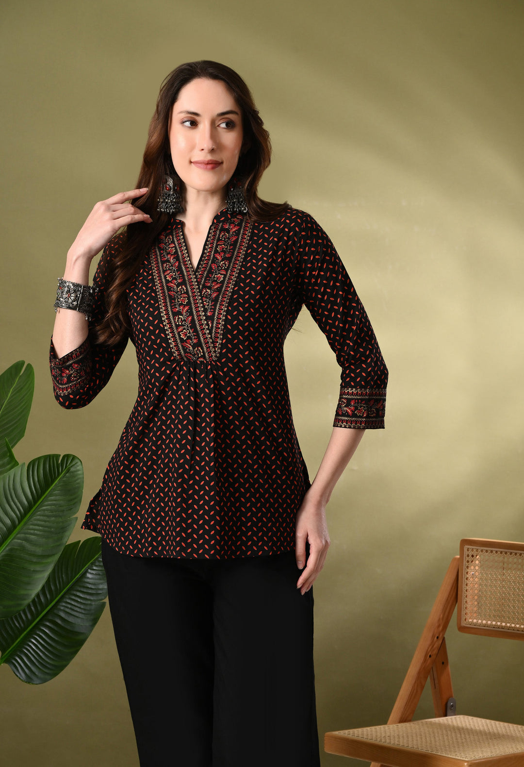 Black Printed V-Neck Cotton Top