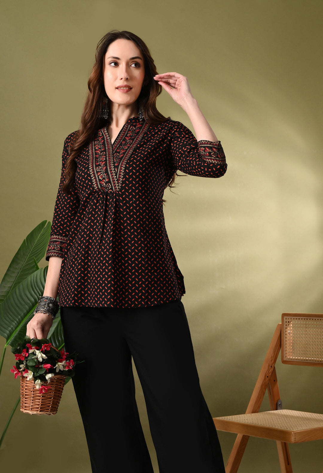 Black Printed V-Neck Cotton Top