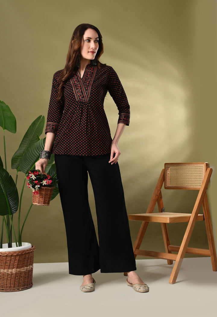 Black Printed V-Neck Cotton Top
