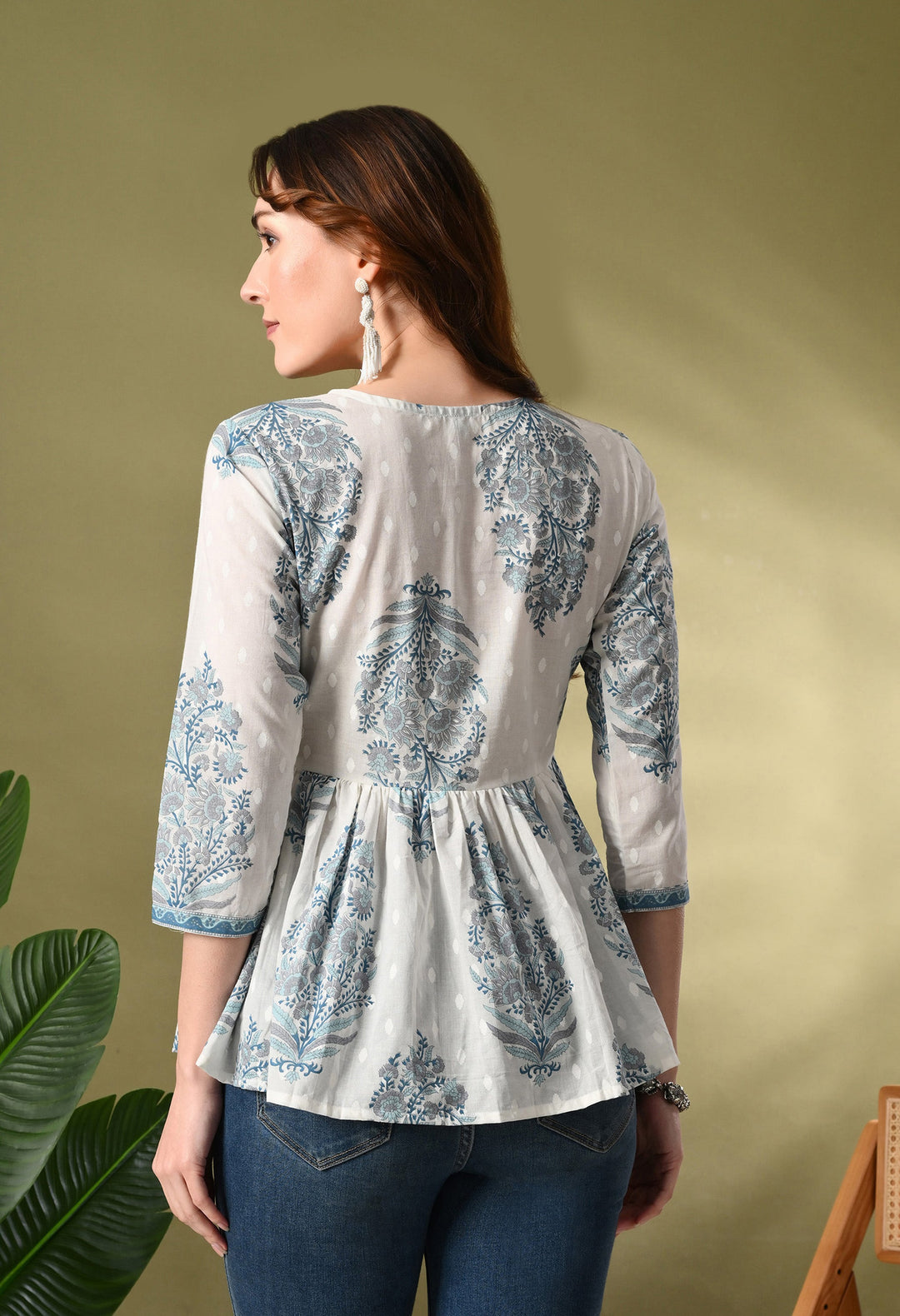 White Block Print Empire Top
