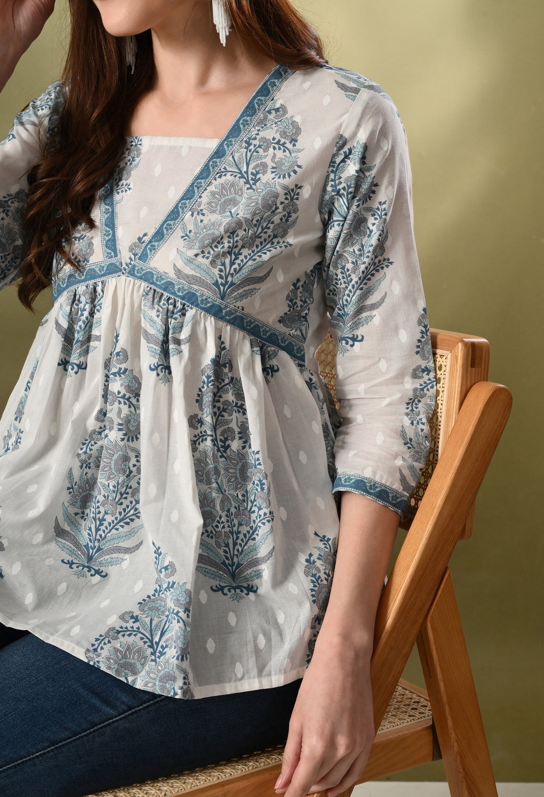 White Block Print Empire Top