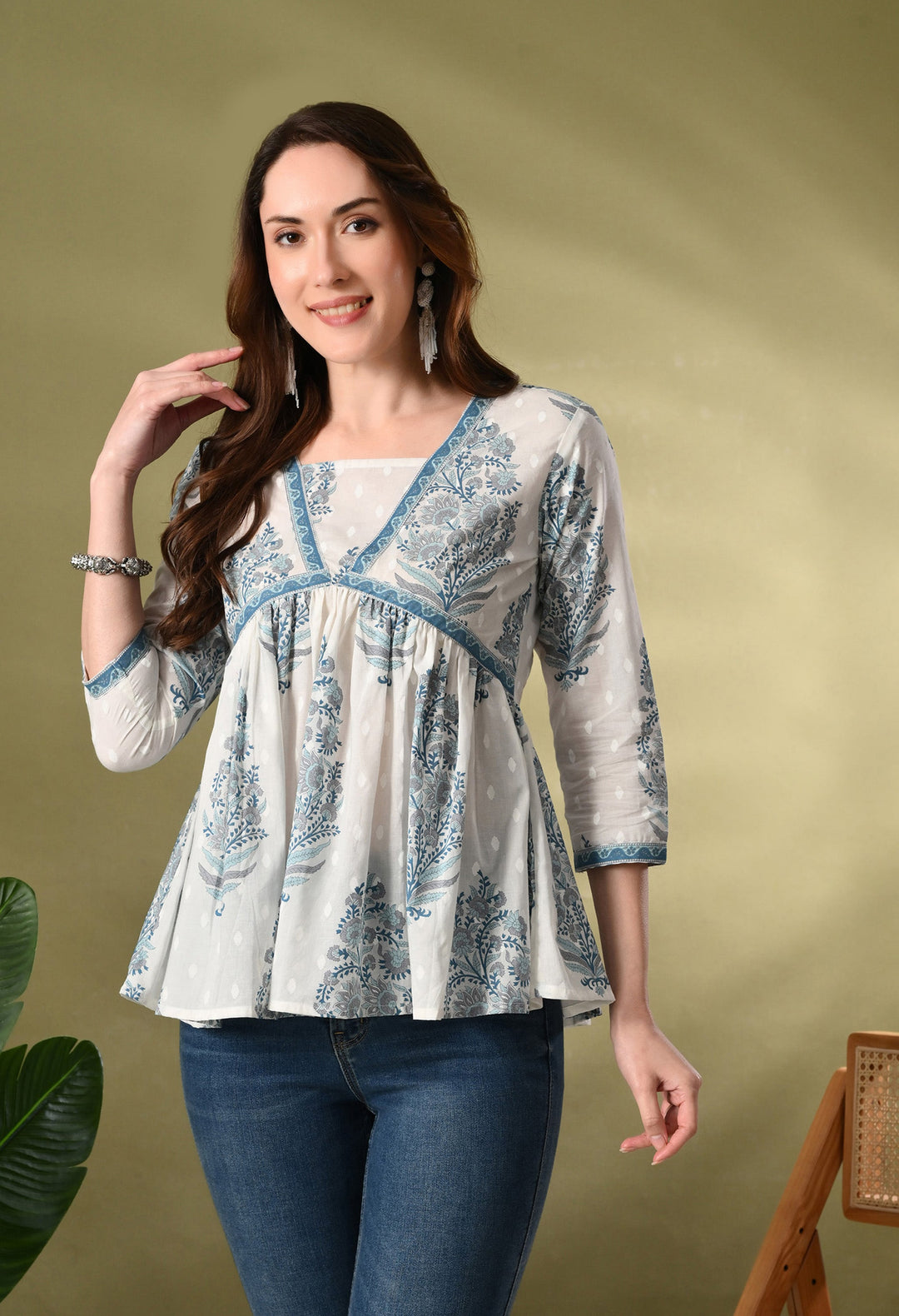 White Block Print Empire Top