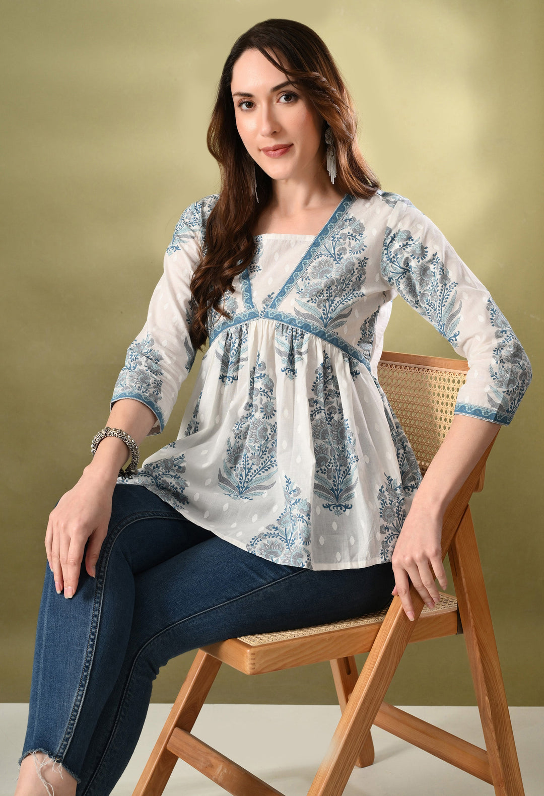 White Block Print Empire Top