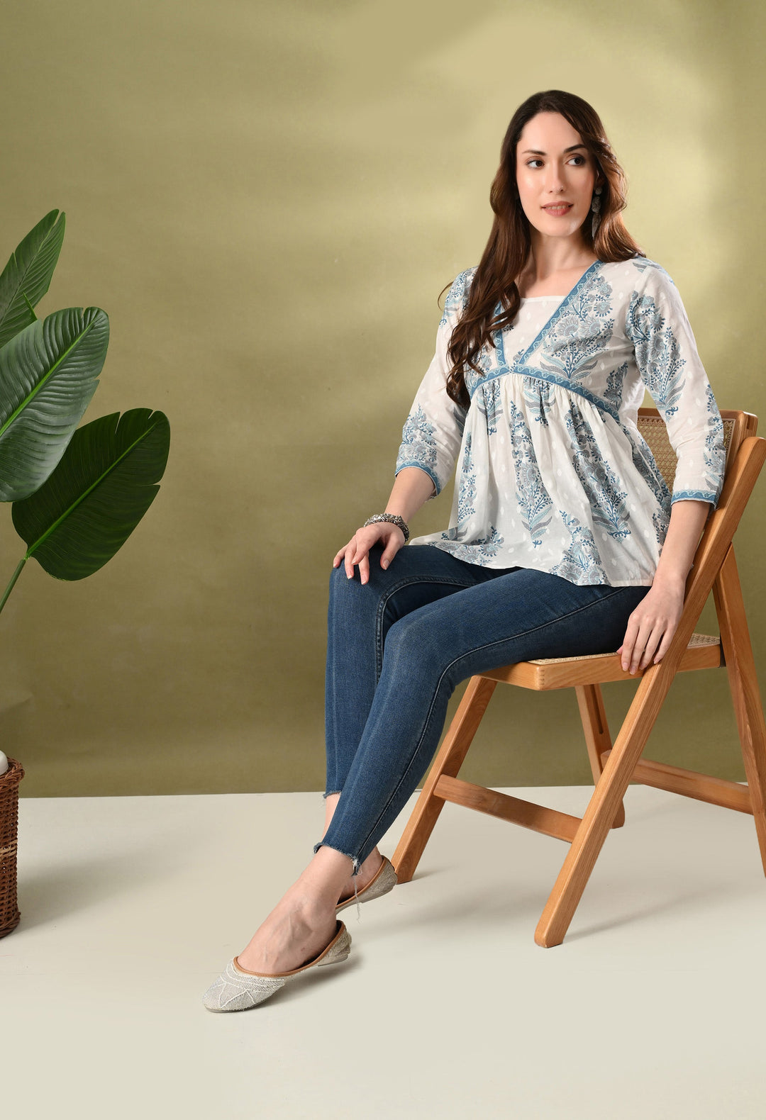 White Block Print Empire Top