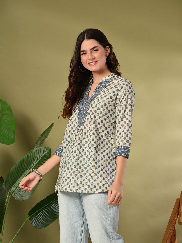 Blue Floral Print Cotton Top