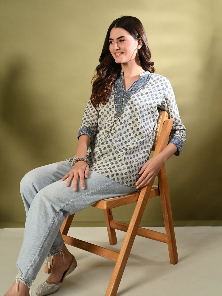 Blue Floral Print Cotton Top