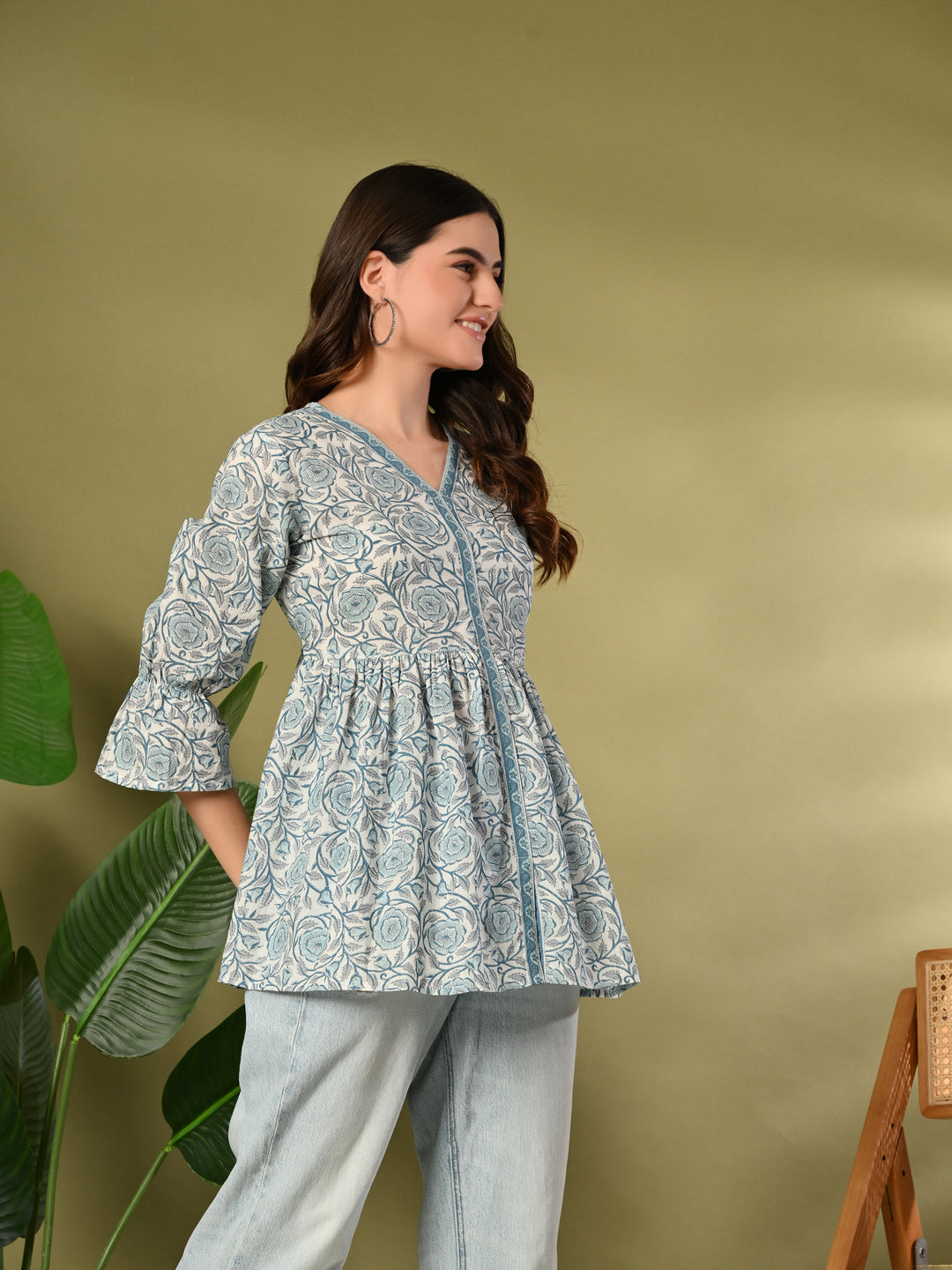 Blue Printed Flared Cotton top
