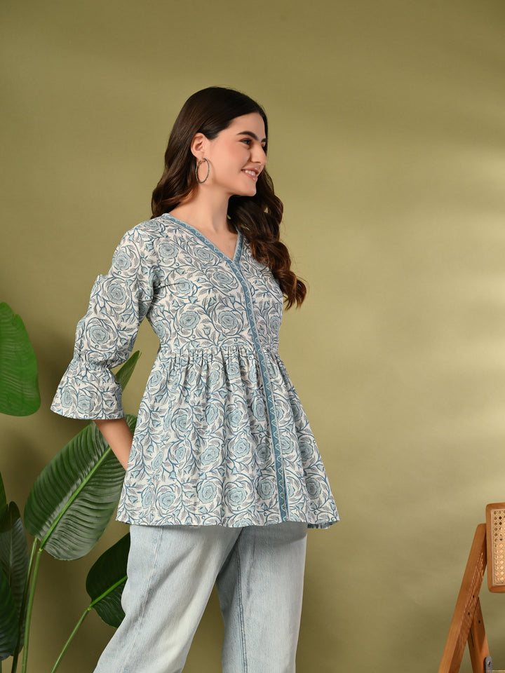Blue Printed Flared Cotton top