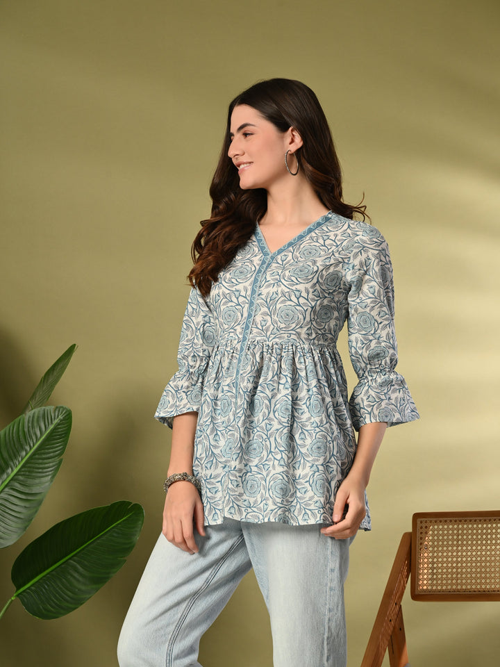 Blue Printed Flared Cotton top