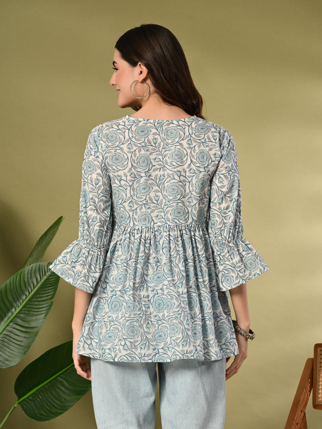 Blue Printed Flared Cotton top