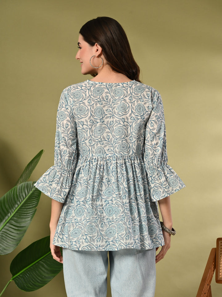 Blue Printed Flared Cotton top