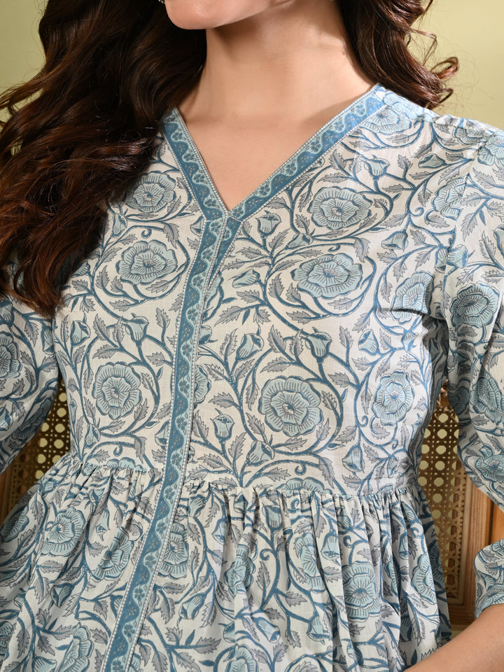 Blue Printed Flared Cotton top