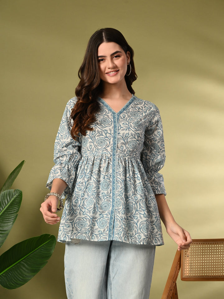 Blue Printed Flared Cotton top