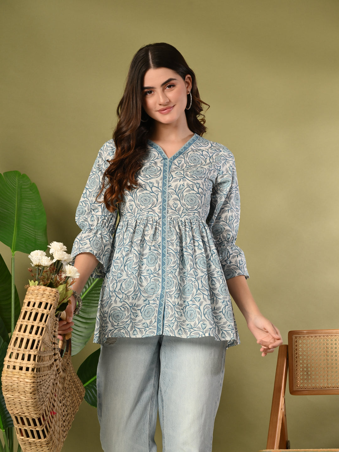 Blue Printed Flared Cotton top