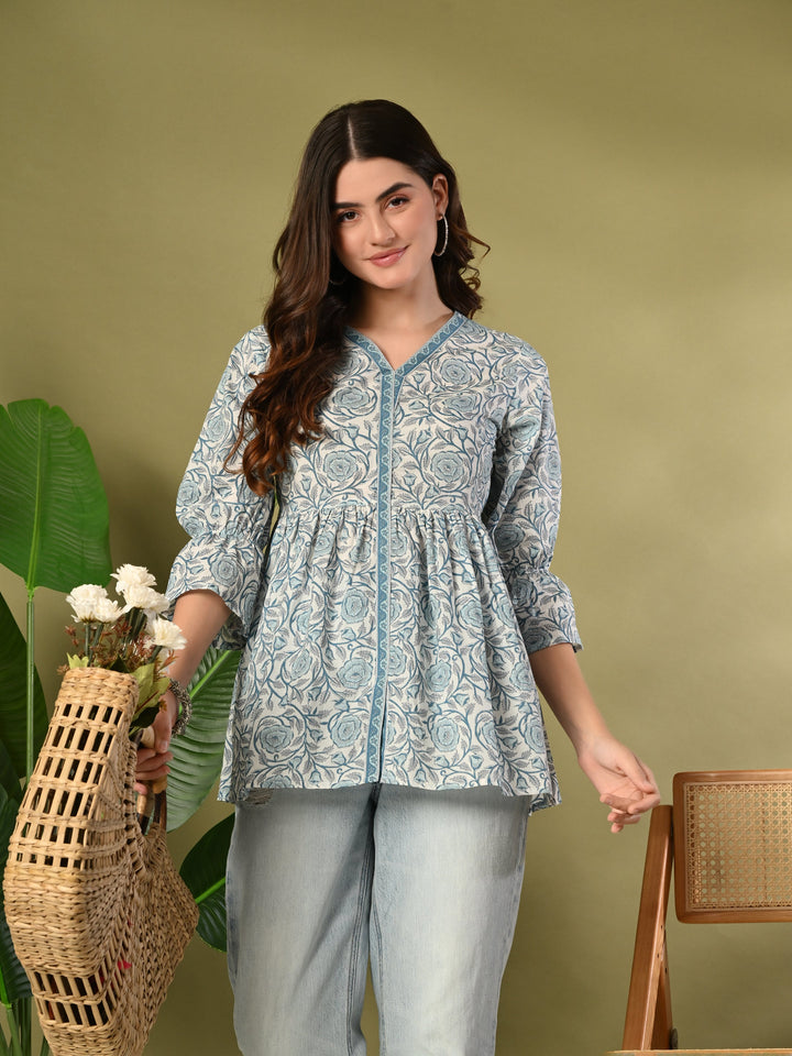 Blue Printed Flared Cotton top