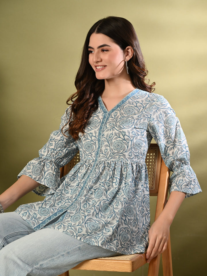 Blue Printed Flared Cotton top