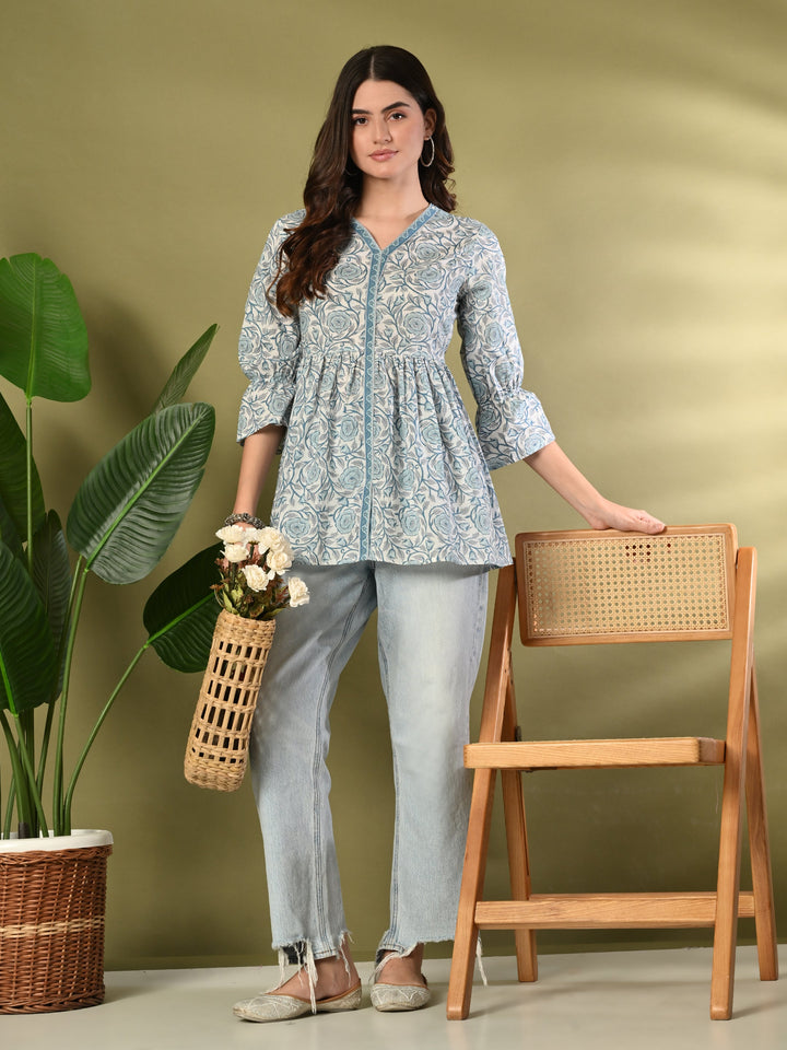 Blue Printed Flared Cotton top