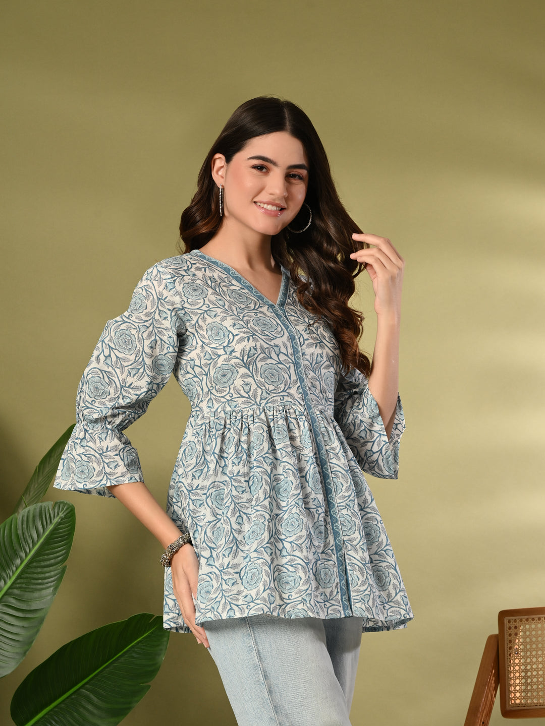Blue Printed Flared Cotton top