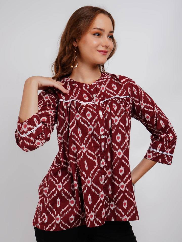 Brown Lace Work Printed Cotton Top