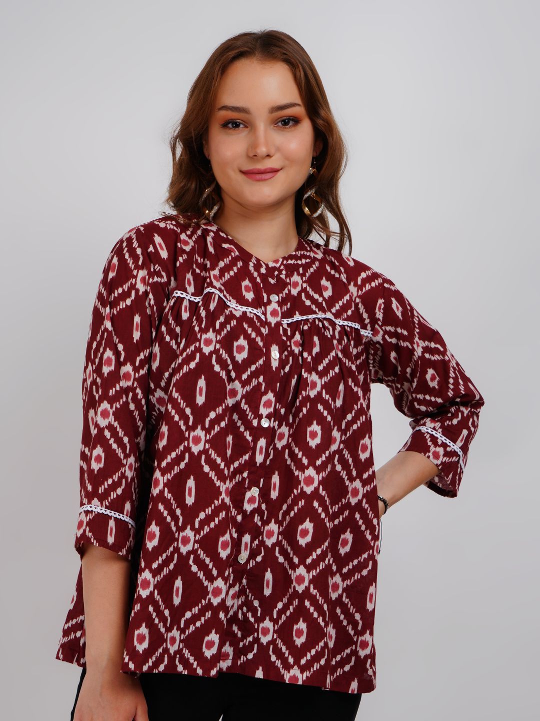 Brown Lace Work Printed Cotton Top