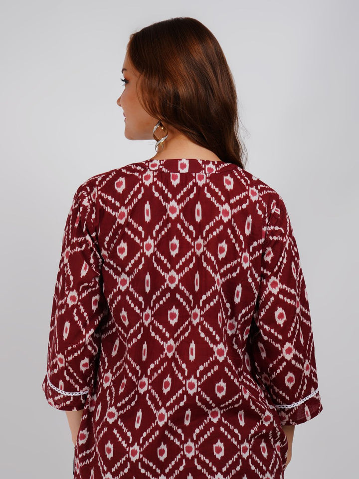 Brown Lace Work Printed Cotton Top