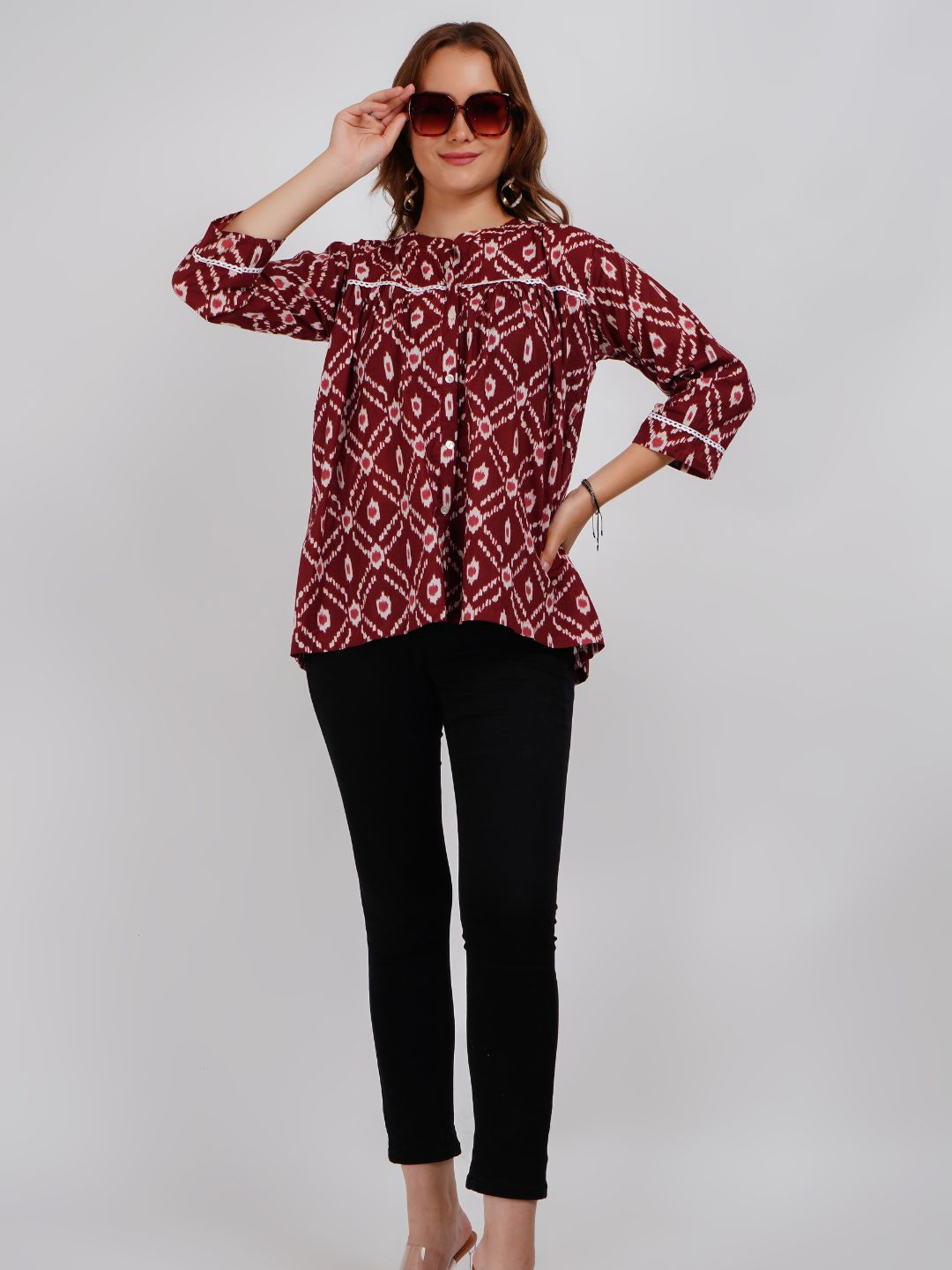 Brown Lace Work Printed Cotton Top