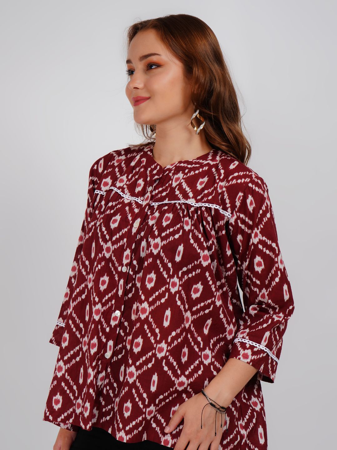 Brown Lace Work Printed Cotton Top