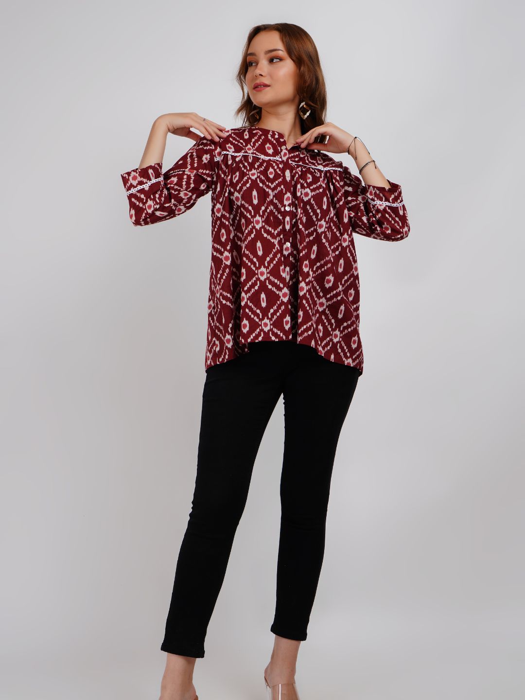 Brown Lace Work Printed Cotton Top