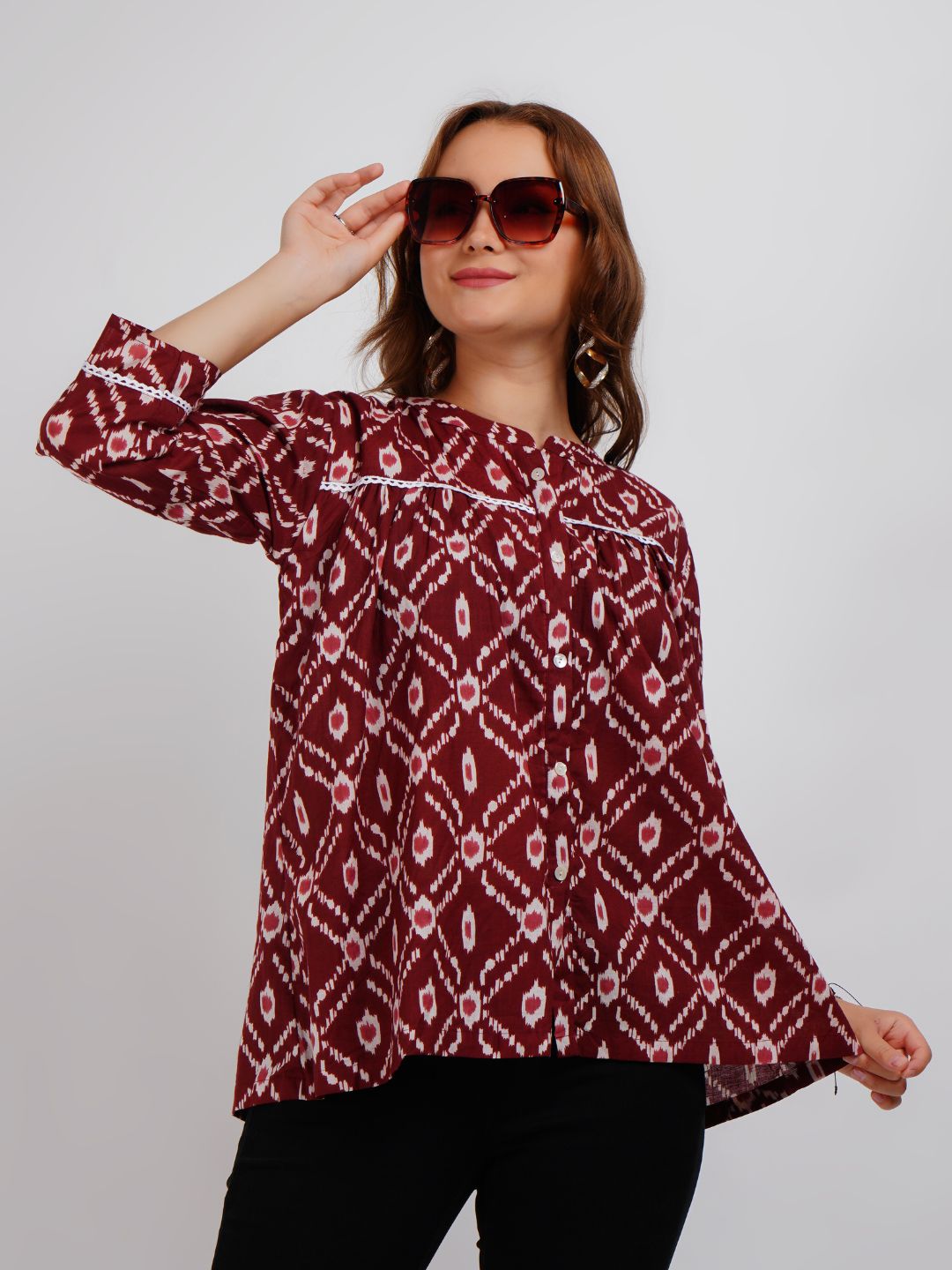 Brown Lace Work Printed Cotton Top