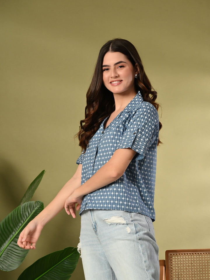 Blue Printed Cotton Shirt Style Crop Top