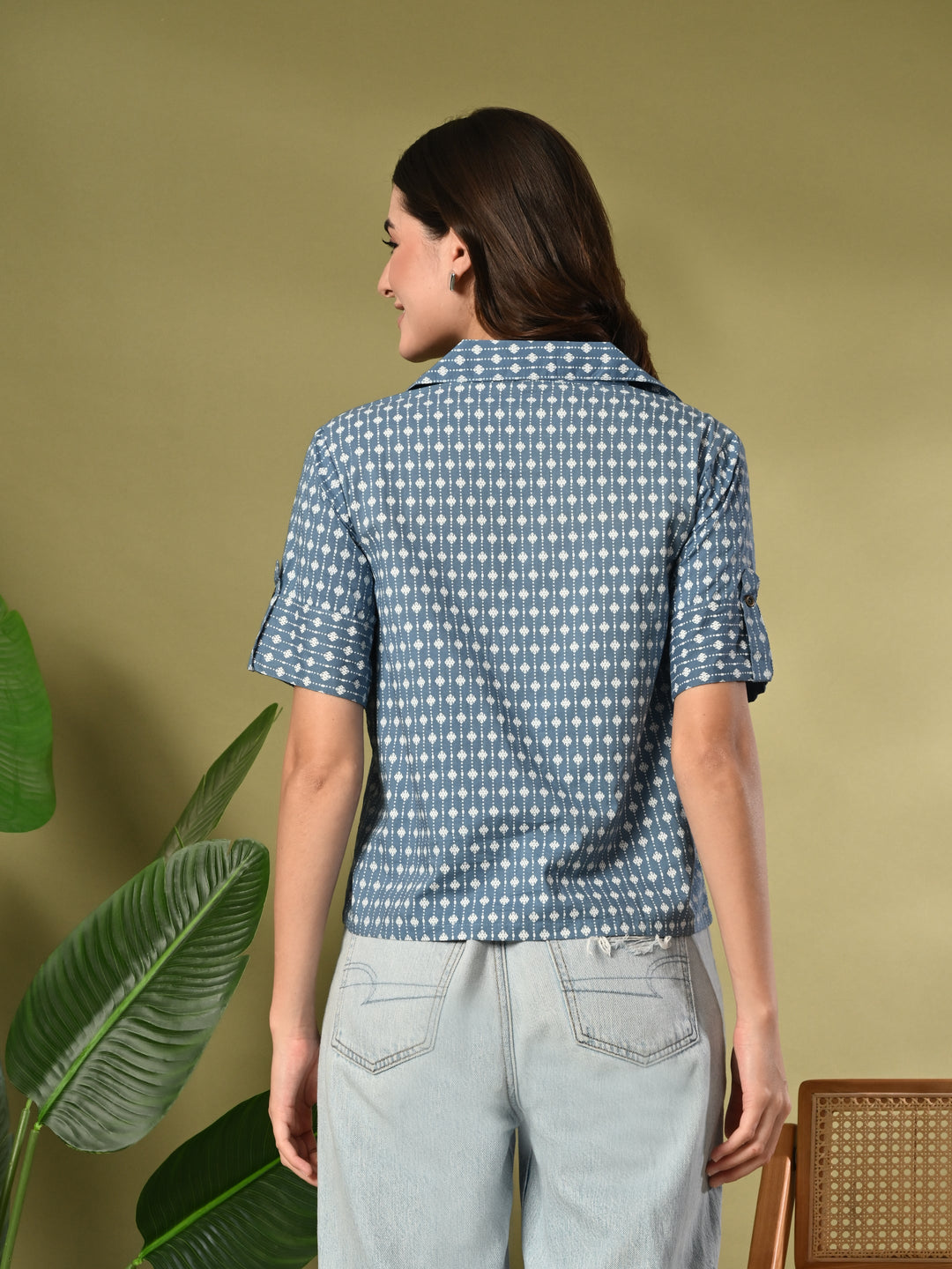 Blue Printed Cotton Shirt Style Crop Top