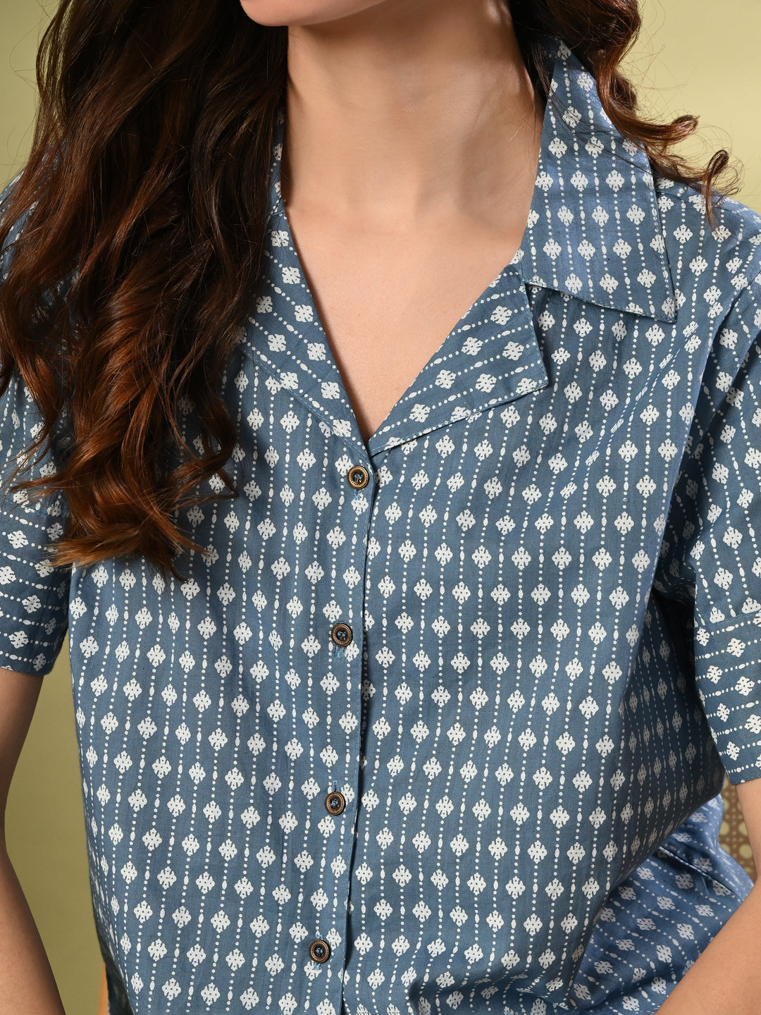 Blue Printed Cotton Shirt Style Crop Top
