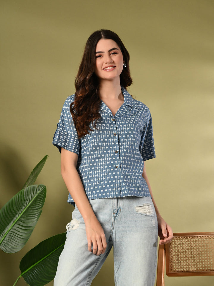 Blue Printed Cotton Shirt Style Crop Top
