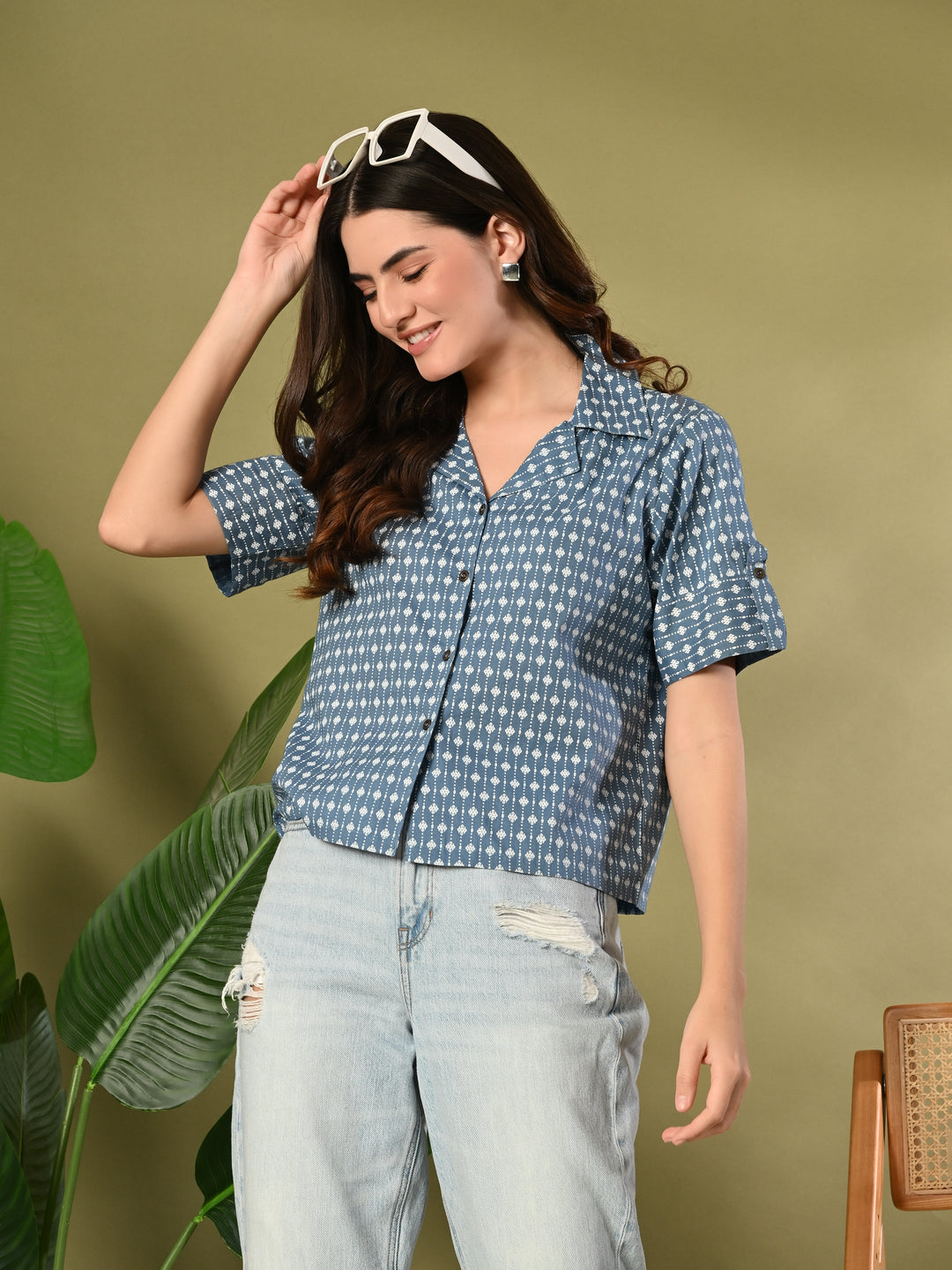 Blue Printed Cotton Shirt Style Crop Top