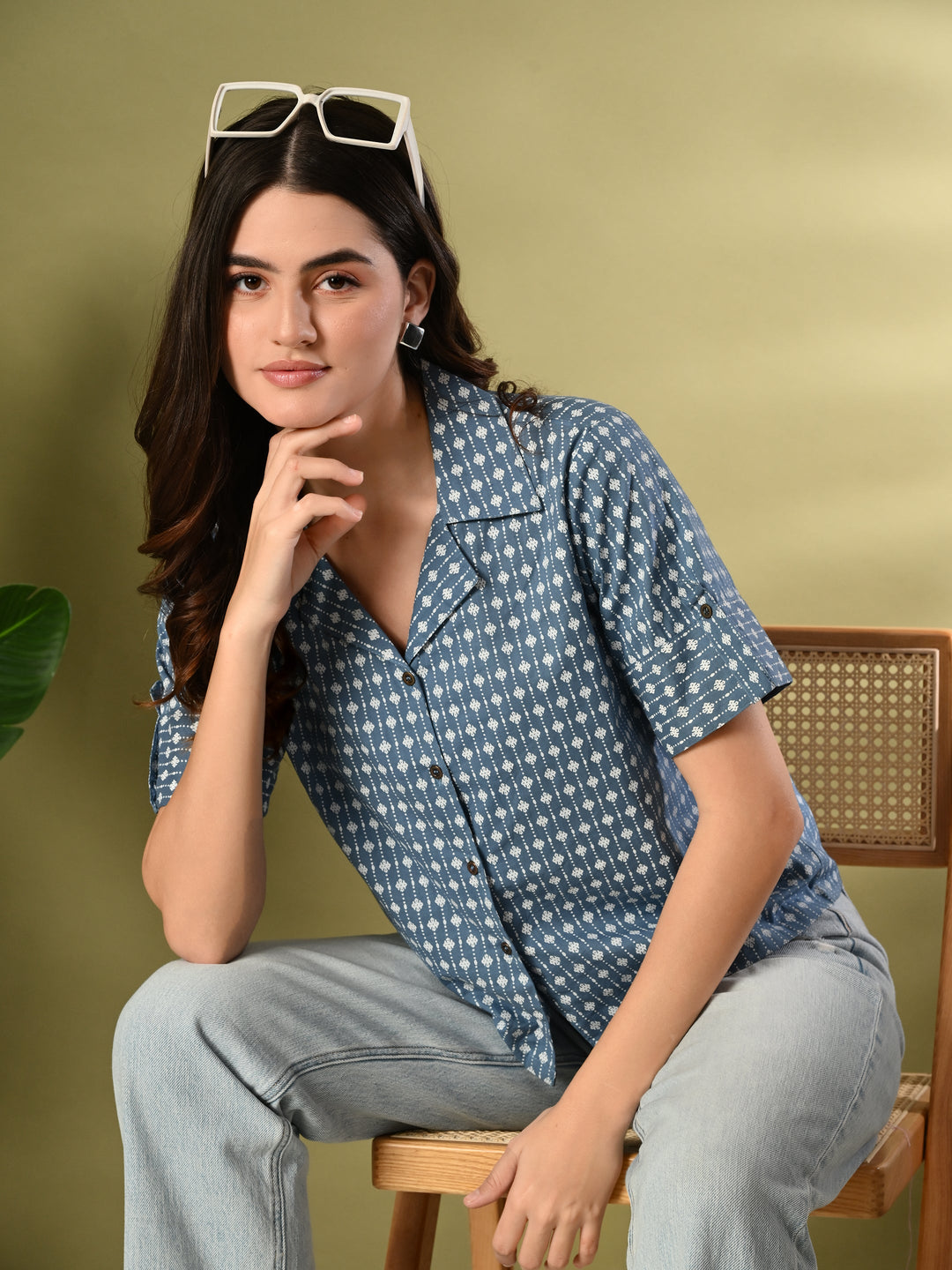 Blue Printed Cotton Shirt Style Crop Top